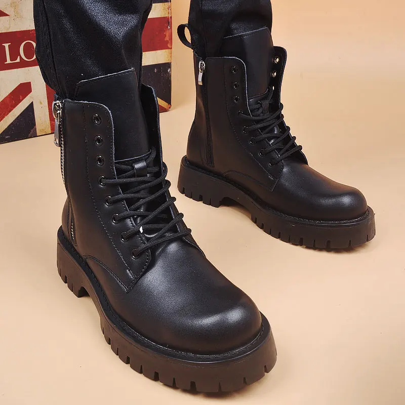 large size men's casual platform boots black stylish natural leather shoes cowboy autumn winter boot handsome ankle botas hombre - view 2