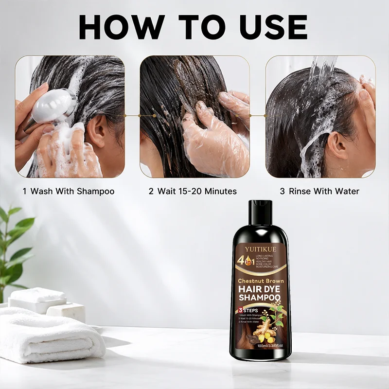 YUITIKUE Natural Chestnut Brown Hair Color Shampoo 4 In 1 Instant Hair Dye Moisturizing Keep Hair Soft And Smooth