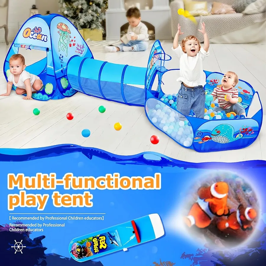 Tienda de juegos 3 en 1 con túnel de juego, linterna de proyección de pozo de bola para niños y niñas, casa de juegos emergente, juguete para bebé Indoo