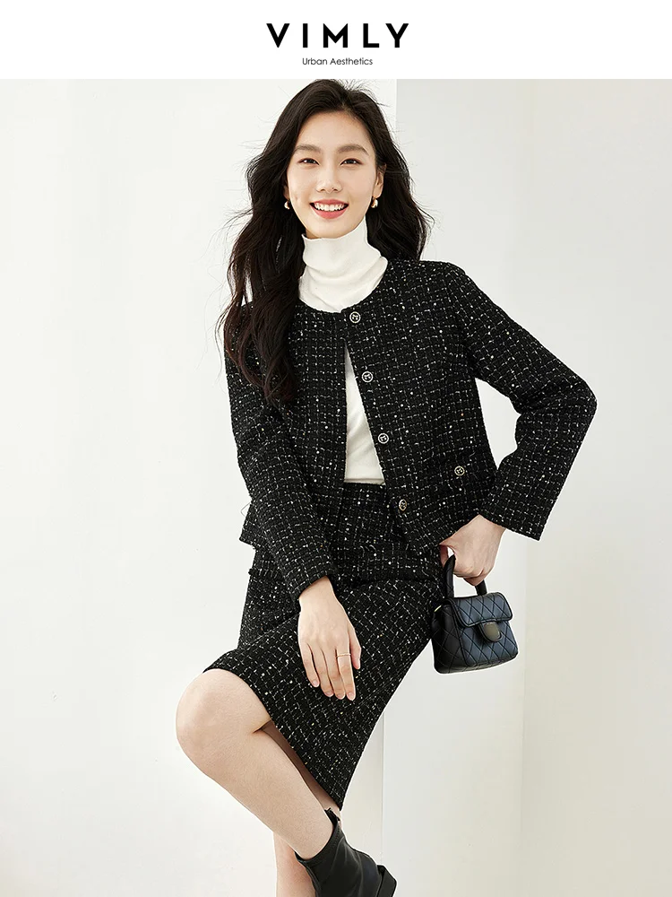 VIMLY Sequins Tweed Two Piece Set for Women Autumn Black Elegant Outfits 2023 New in Matching Sets Long Sleeve Jacket Mini Skirt