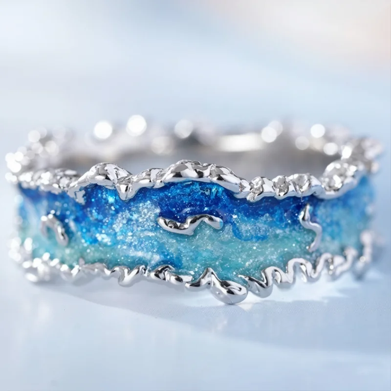 Artistic Ocean Wave Design Imitation Enamel Creative Ring for Women Fashion Unique Festival Vacation Fine Handmade Jewelry Gifts