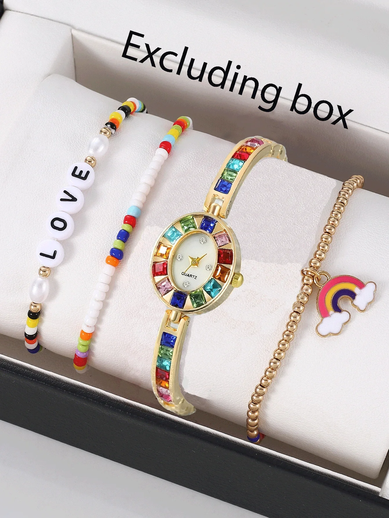 4-piece set of colored gemstone watches for women, exquisite alloy quartz watches, fashionable and trendy watches