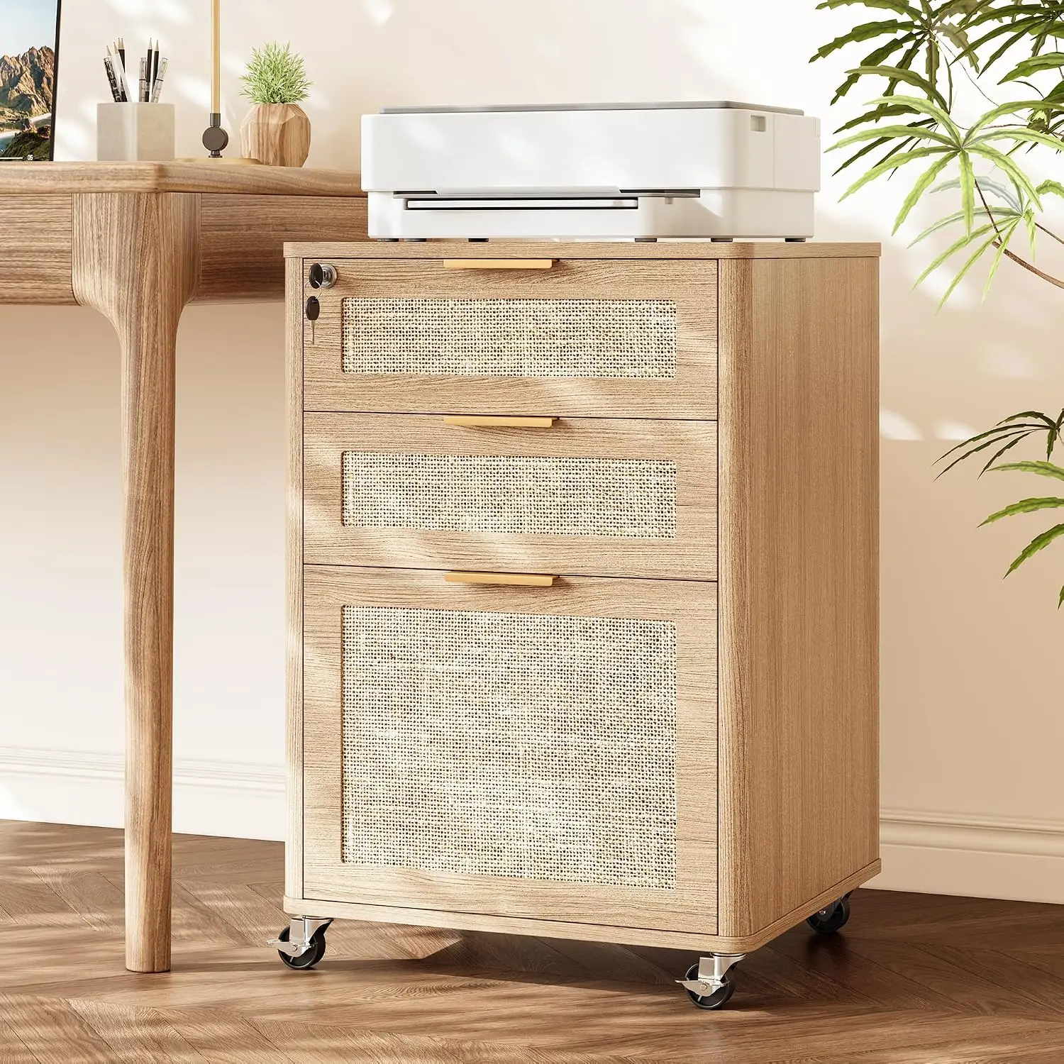 3-Drawer Rattan Mobile File Cabinet with Lock, Rolling Printer Stand, Under Desk Storage for Home Office Letters/A4, Customized