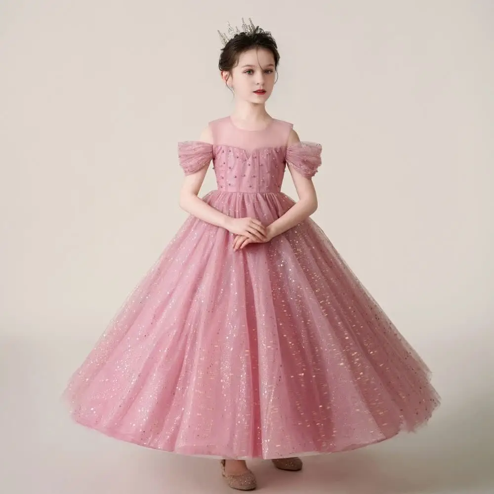 

Elegant Sequin Party Girls Dress Formal Tulle Bridesmaid Wedding Prom Gown Gala Birthday Princess Dresses Evening Kids Clothing