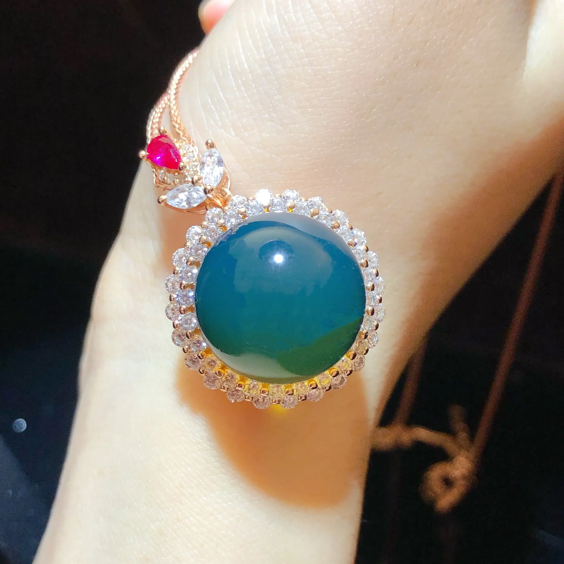 Natural Mexican Blue Amber Sterling Silver Pendant 16mm Round Bead Surrounded by Cubic Zirconia Necklace Jewelry Gift for Women