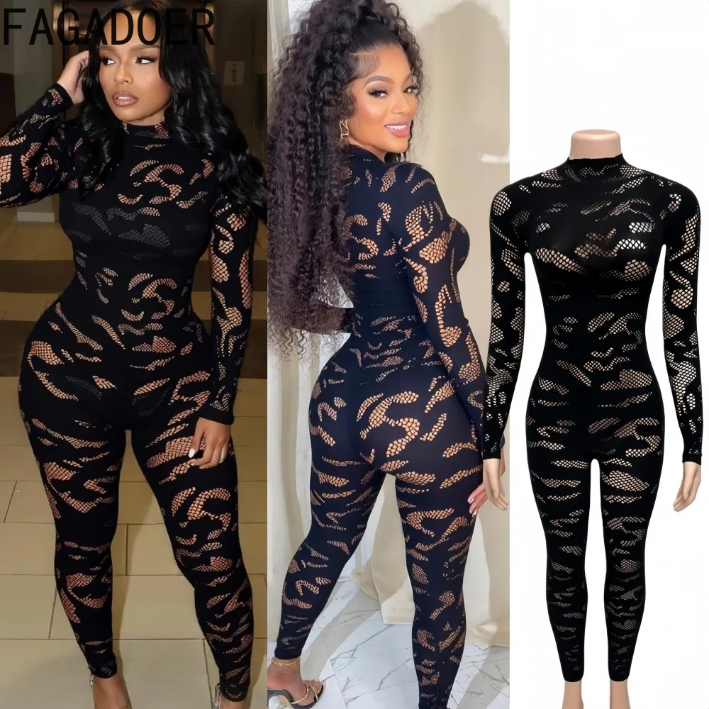 FAGADOER Sexy Lace See Through Patchwork Bodycon Jumpsuits for Woman Hollow-out Long Sleeves Rompers Female Streetwear Overalls