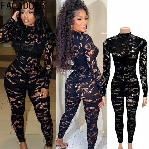 FAGADOER Sexy Lace See Through Patchwork Bodycon Jumpsuits for Woman Hollow-out Long Sleeves Rompers Female Streetwear Overalls