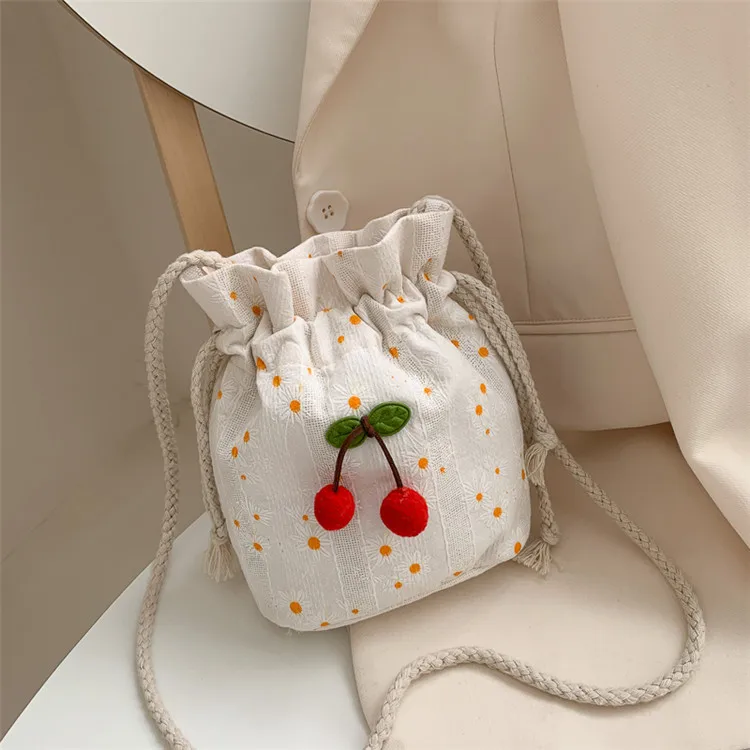 

Korean Cute Canvas Cherry Bucket Bag for Women Summer Simple Casual Small Crossbody Bag Female Fashion Shoulder Bags 2026 New