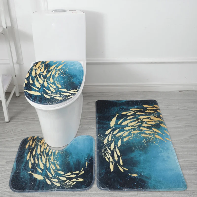 Modern Blue Marble Bathroom Mat Soft Quick Dry Bath Mat Anti Slip Toilet Lid Cover and Contour Mats 3 Pack Bathroom Shower Room