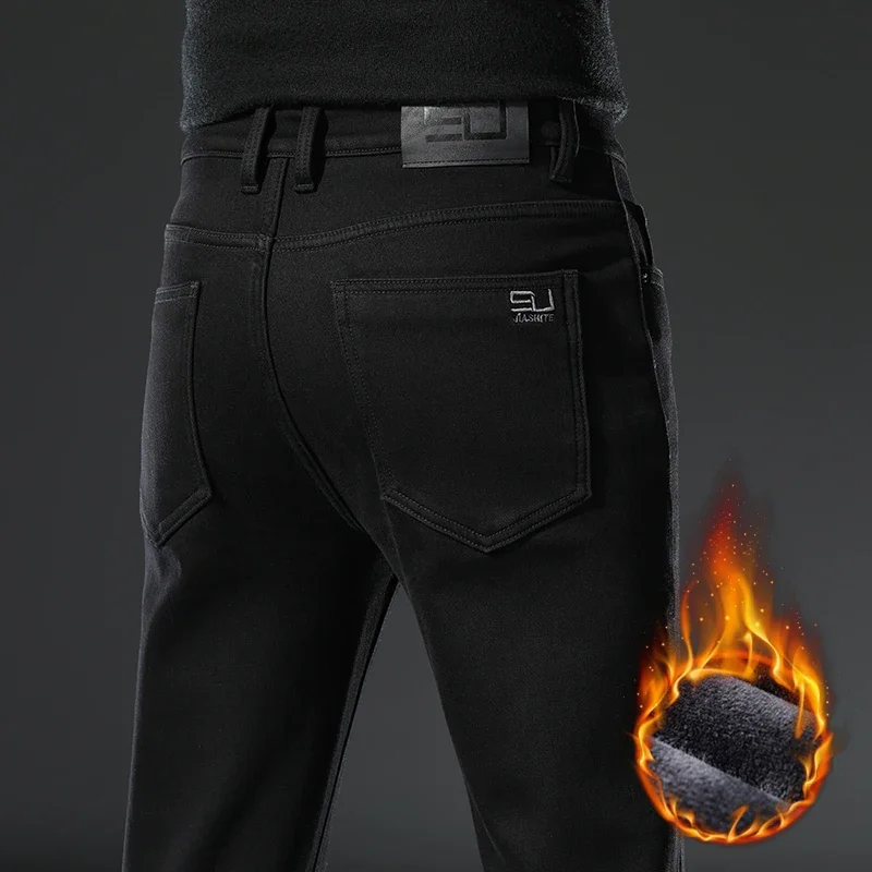 

Мужские зимние теплые флисовые черные джинсы, новинка 2023, деловая мода, эластичные джинсовые толстые брюки обычного кроя, мужские брендовые брюки