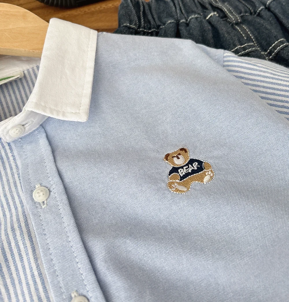 Children's Shirt Boys' Striped Shirt Spring Autumn 2025 Cute Bear Embroidery Children's Casual Cartoon Top Baby Blue Shirt 5