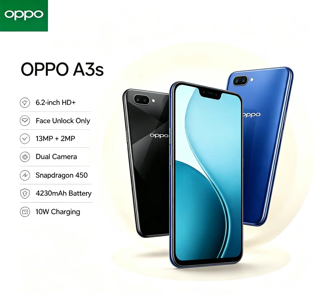 New Arrival 2026 OPPO A3s 5G Dual SIM Mobile Phone 8GB+256GB Memory 6.2 Inch HD+ Display MediaTek Helio P35 Chip AI Dual Lens