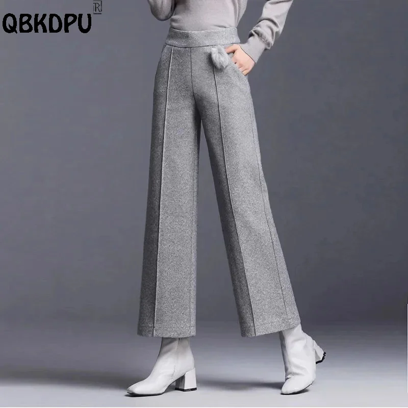 

Office Lady Woolen Wide Leg Pants Women Spring Fall Wool Blend Baggy Pantalones Elegant Straight Elastic High Waist Trousers