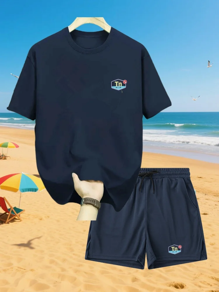 شورت تي شيرت شبكي صيفي للرجال، رياضي، ترفيهي، فضفاض وعصري Tn RIR مطبوع بأكمام قصيرة، بدلة سريعة الجفاف