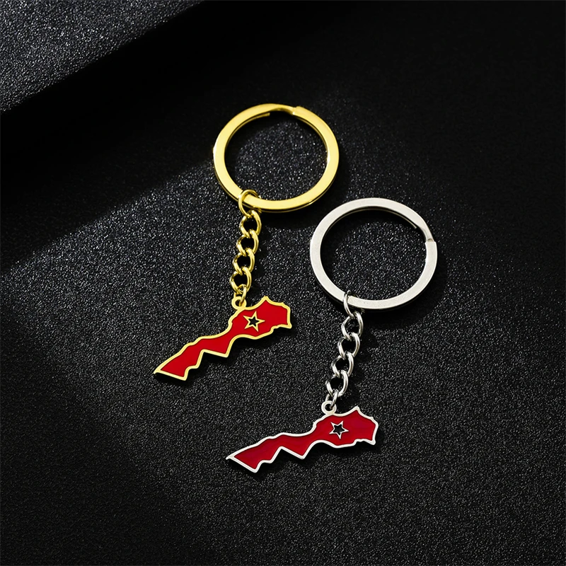 Trendy Morocco Map Flag Keychain for Men Women Stainless Steel Pendant Key Chain Gold Color Vintage Jewelry Amulet Accessory