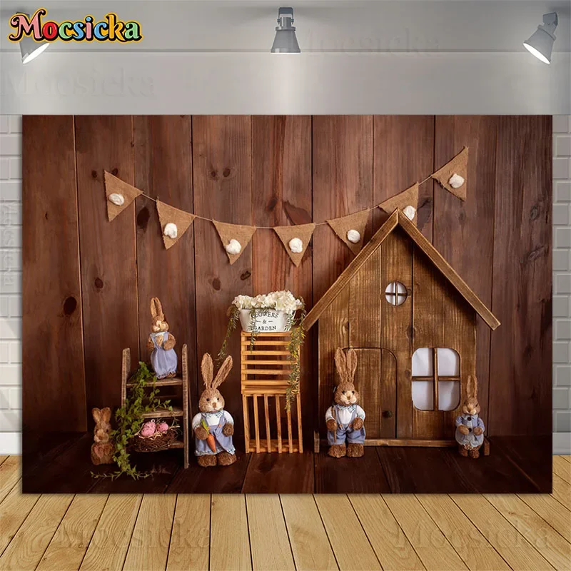 

Easter Photography Background Rustic Wooden House Floor Green Plants Bunny Baby Kids Birthday Cake Smash Backdrops Photo Studio