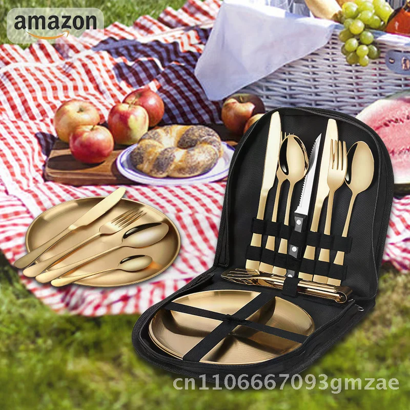 

Stainless Steel Outdoor Tableware Set for Camping Picnic - Knife Fork Spoon with Portable Storage Bag Mirror Polished 410 Steel