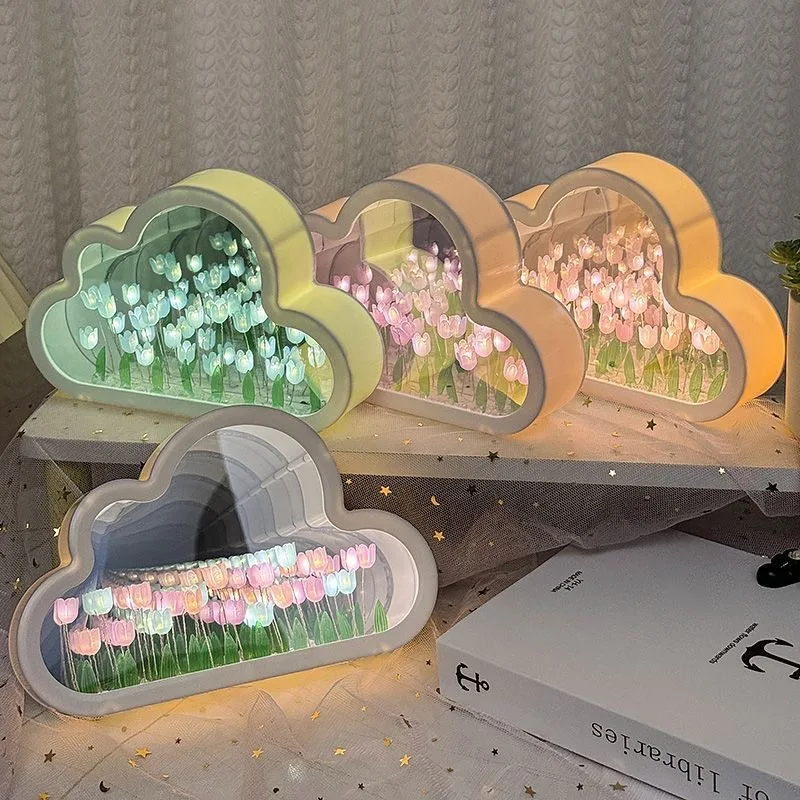 

NEW Hidden Tulip Infinite Reflection Table Creative Ornament Two Way Mirror Lamp Desk Light Home Living Bed Room Decor Bedside