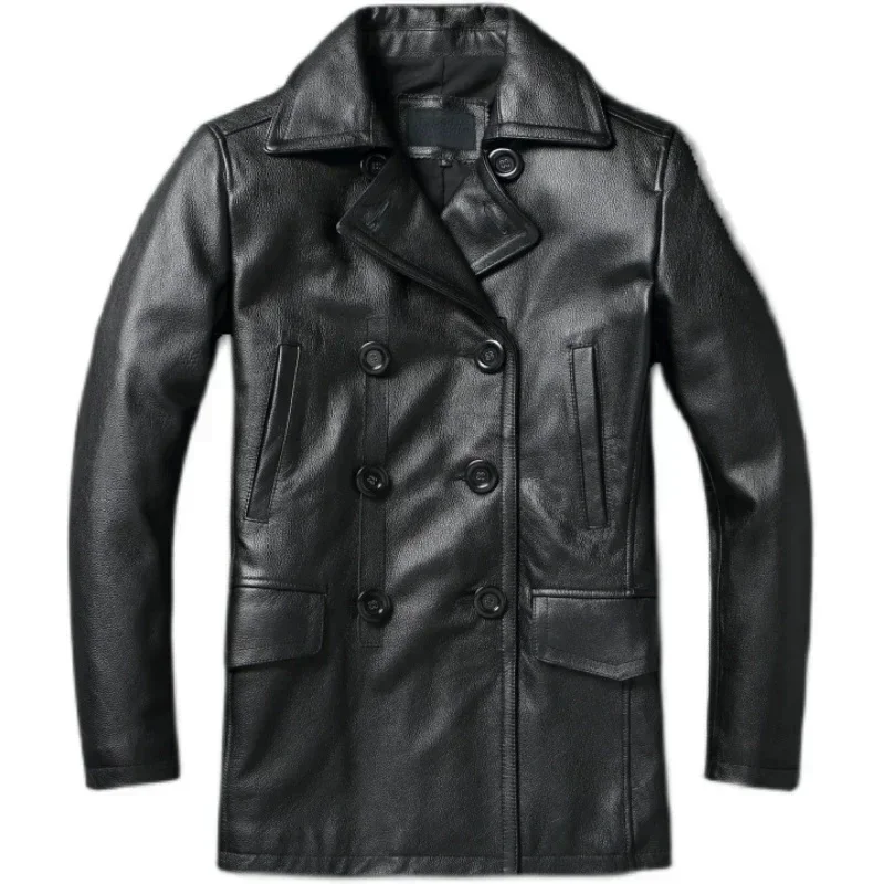 Long Men Leather Coat Genuine Soft Cow Classic Double Breasted Turn Down Collar Jackets For Clothing Autumn