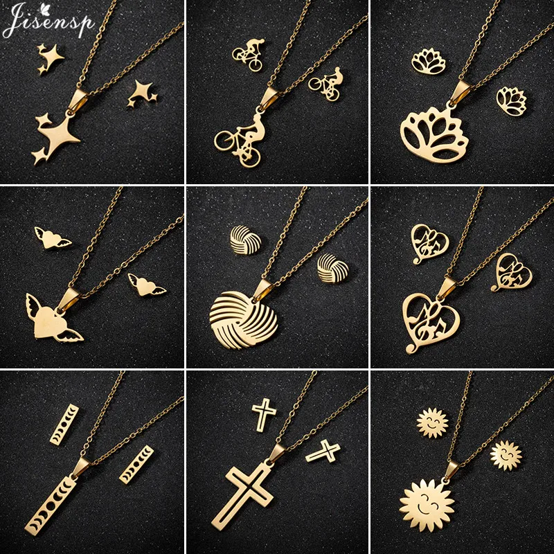 Stainless Steel Star Jewelry Sets for Women Minimalist Heart Daisy Cross Music Moon Necklace Earrings Bicycle Fitness Accessorie