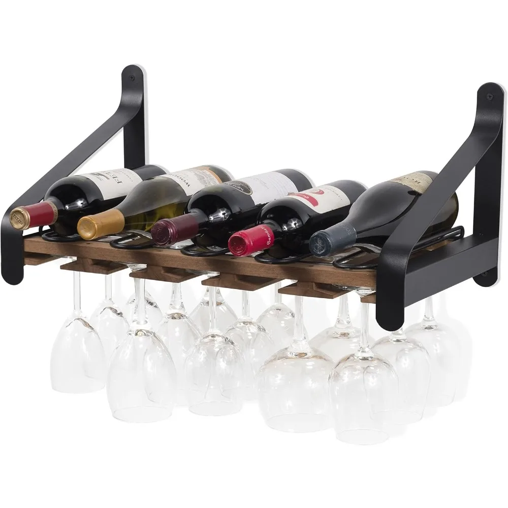 Casier à vin mural en bois rustique avec support en verre pour 5 bouteilles et 15 verres - Décor de bar de cuisine