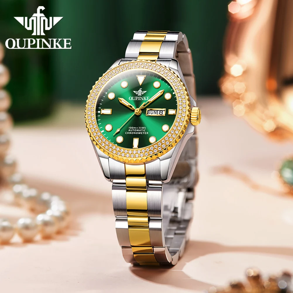 OUPINKE 3205 Women Watch Diamond Luxury Automatic Mechanical Watch Diving Series High End Sapphire Mirror Women Watch Set Gift