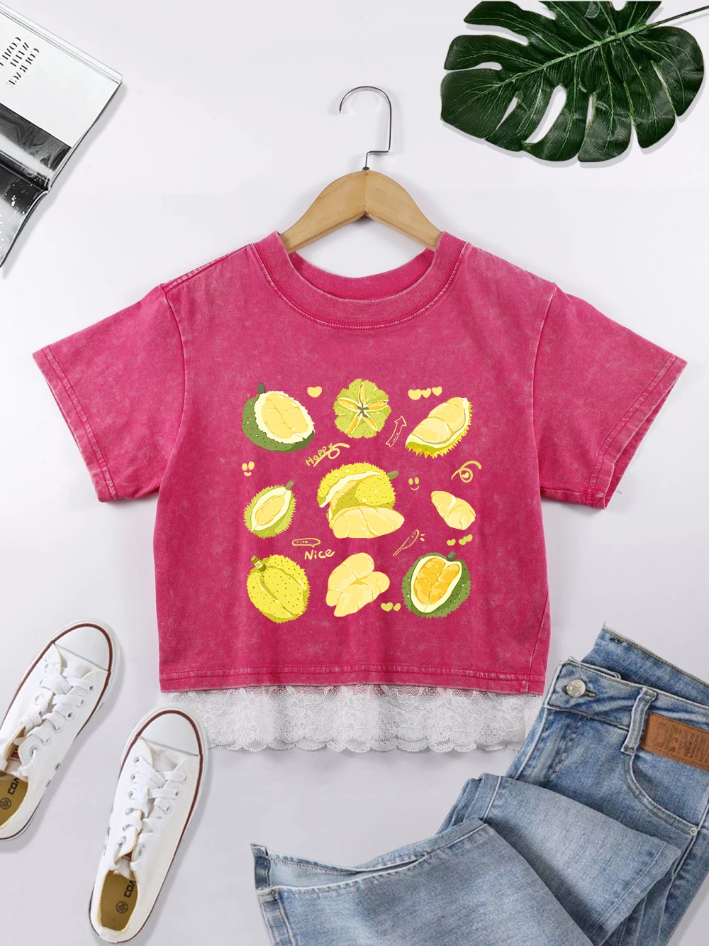 

Хлопковые укороченные футболки с принтом «Вкусный дуриан», модные летние потертые футболки с кружевным подолом, повседневная одежда с круглым вырезом и короткими рукавами