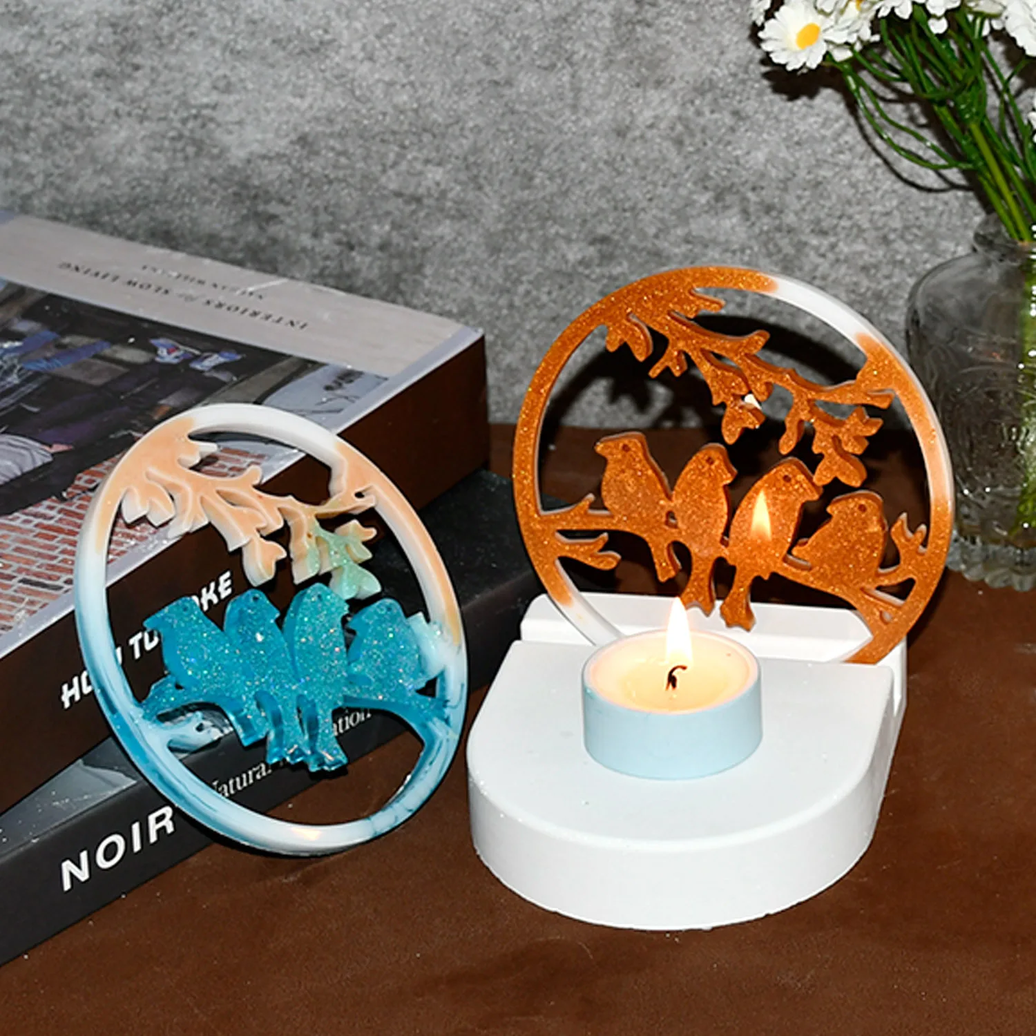 Silicone Mold Compatible for Wax - Hollow Bird & Branch Ring Frame withHollow Circular Branch Design,Wax Sticks & Pillar Candles