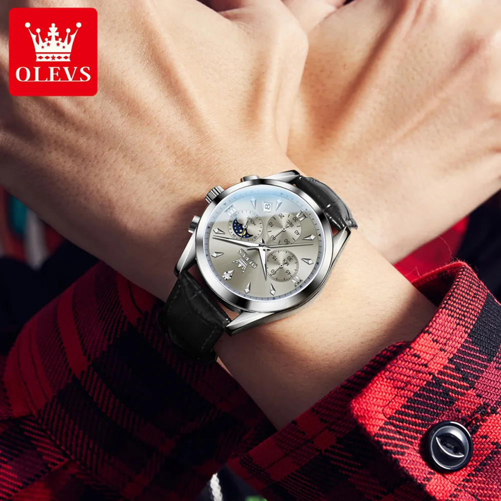 OLEVS-reloj de cuarzo con correa de cuero para hombre, cronógrafo informal, Original, a la moda, cómodo, resistente al agua, fase lunar luminosa