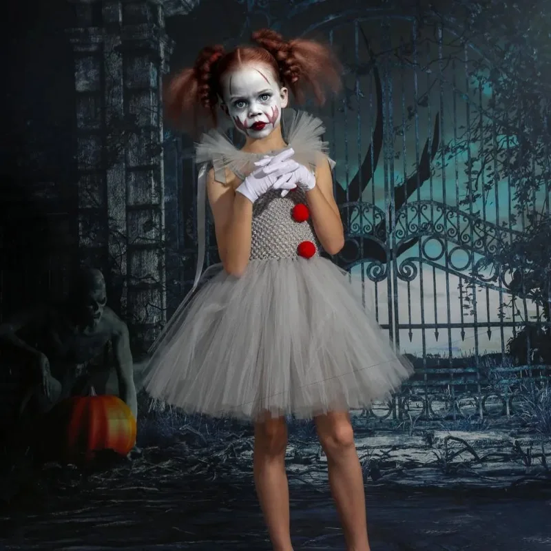 Halloween Girls Pennywise Tutu Dress Kids Cosplay Scary Gray Clown Costume Girl Carnival Party  Dress Up Clothing