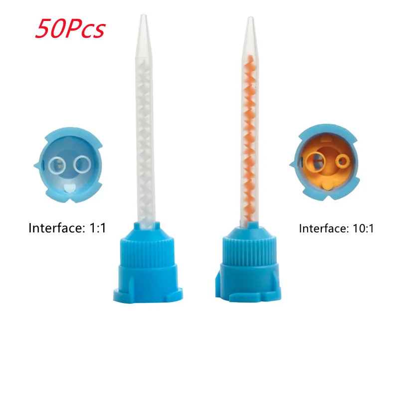 50Pcs Dental Materials Mixing Tips Disposable Silicone Rubber Impression Dental Mixing Head 1:1 10:1 Static AB Glue Mixing Tube