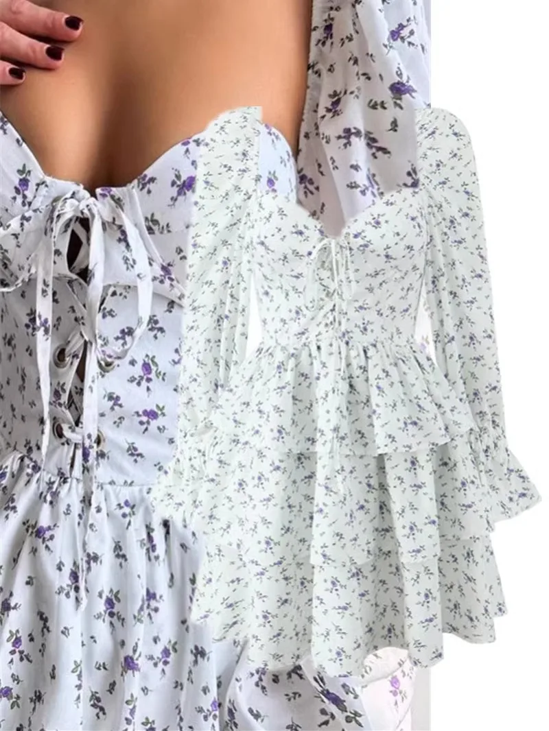 Vestido Floral Romântico de Manga Longa Estilo Vintage Saia em Camadas Moda Sazonal Primavera Verão Outono