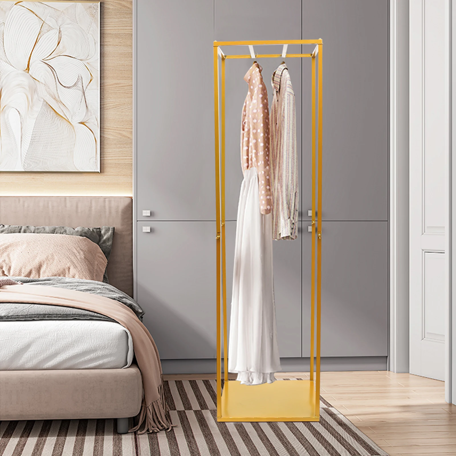 Gold Modern Metal Clothes Hanger Storage Shelves,Floor-Standing Display Rack for Bedroom Livingroom