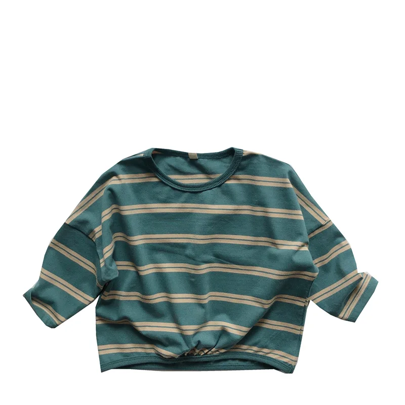 Children Boy Striped Long Sleeve T-shirt Spring New Korea Round Neck Lace Up Baby Boy T-shirt Loose Bottomed Kid Boy Shirt Trend