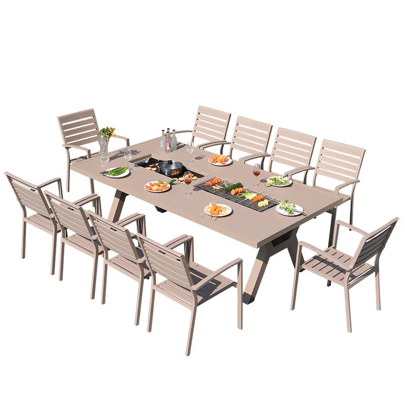 

Outdoor barbecue cast aluminum table courtyard garden waterproof and sunscreen multi-person dinner casual with induction cooker