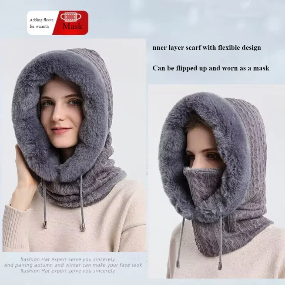 الشتاء رقيق قبعة صغيرة الخريف في الهواء الطلق سميكة الفراء مقنعين وشاح يندبروف الدافئة أفخم 3 in1 قبعات محبوكة لركوب الدراجات والتزلج