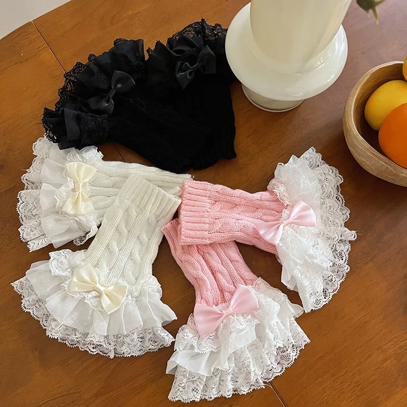Spicy Girls Lace Trim Bowknot 2-in-1 Set Cute Girl Knitted Cable Hand Sleeve Ankle Socks Oversleeves for Women's Dress