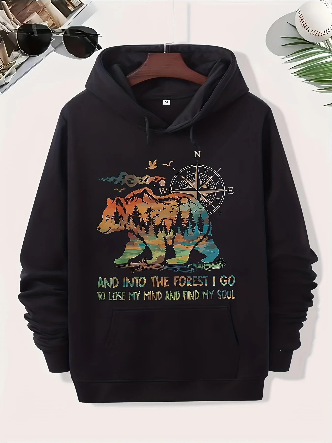 Men's Camping Bear Hooded Sweater - Forest Themed Bear with Compass Design, 