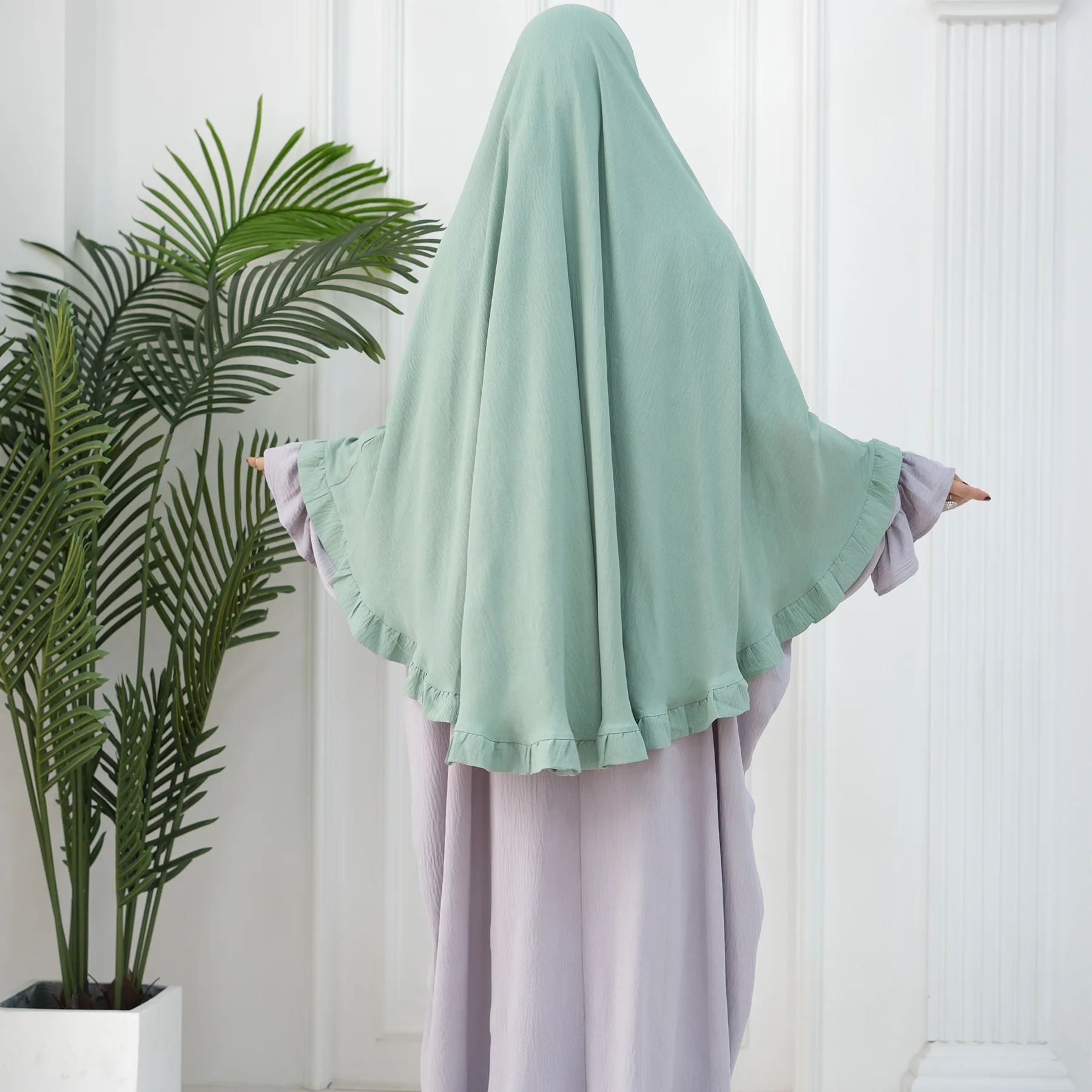 Ruffles Crepe Khimar Long Hijab Scarf Muslim Islamic Clothing Plain Hijabs for Woman Dubai Prayer Overhead Niqab Abaya Voiles