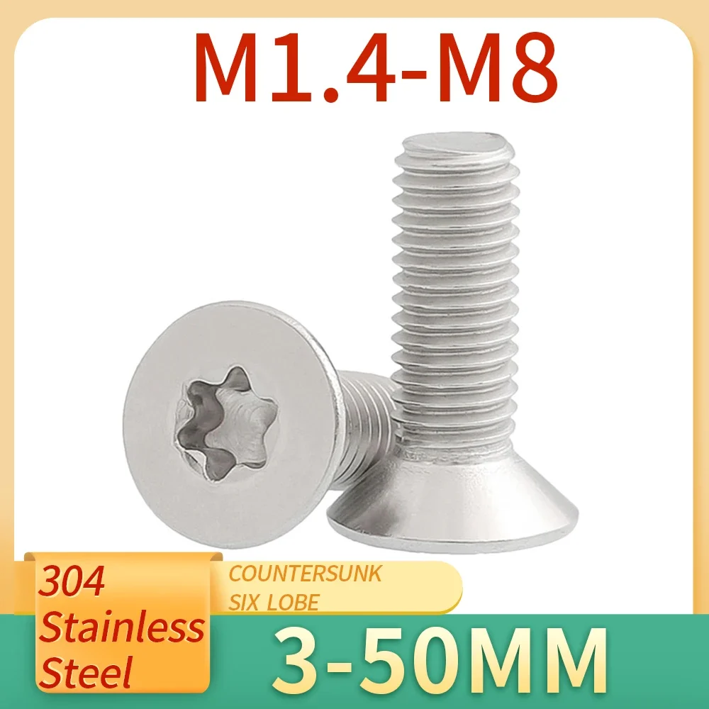 5-50pcs M1.4 M1.6 M2 M2.5 M3 M4 M5 M6 M8 GB2673 Six Lobe Torx Flat Countersunk Head Screw Bolt 304 A2-70 Stainless Steel