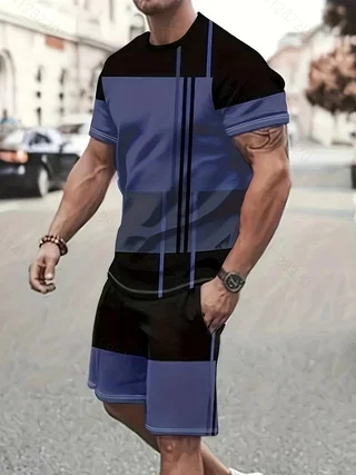 New Summer men\'s casual short sleeved round neck T-shirt and shorts set, 2-piece men\'s striped round neck top T-shirt 2024 s-2XL