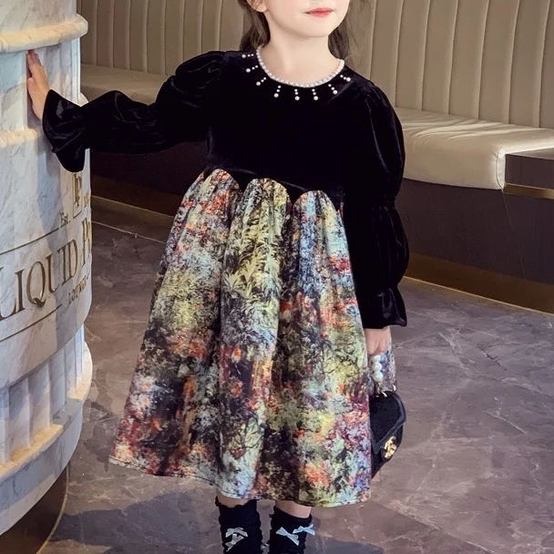 Girls' Black Velvet Dress 2025 Spring and Autumn New Gorgeous princess dress Splicing Texture Dress 5-6 7-8 9-10 Years Old