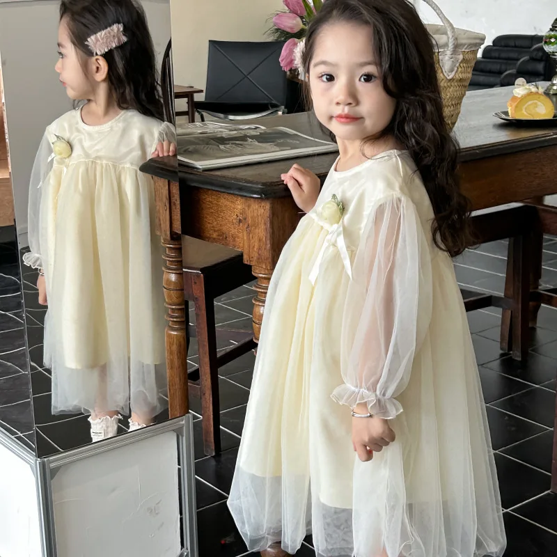 2024 Autumn Korean Kids Baby Girls Dress Mesh Flower Patched Long Sleeve Solid Children Girls Dress Toddler Girls Dress