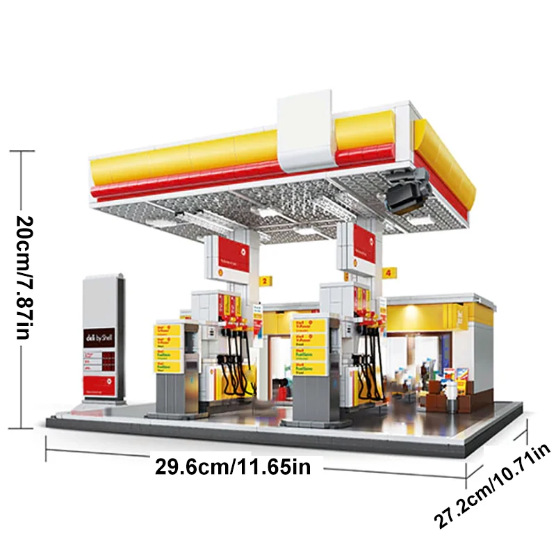 Tankstation Huis Modulaire Gebouwen Blokken Stad Straatbeeld Appartement Winkel Architectuur Baksteen Modelbouwpakket Volwassene Kind Cadeau 1327PCS
