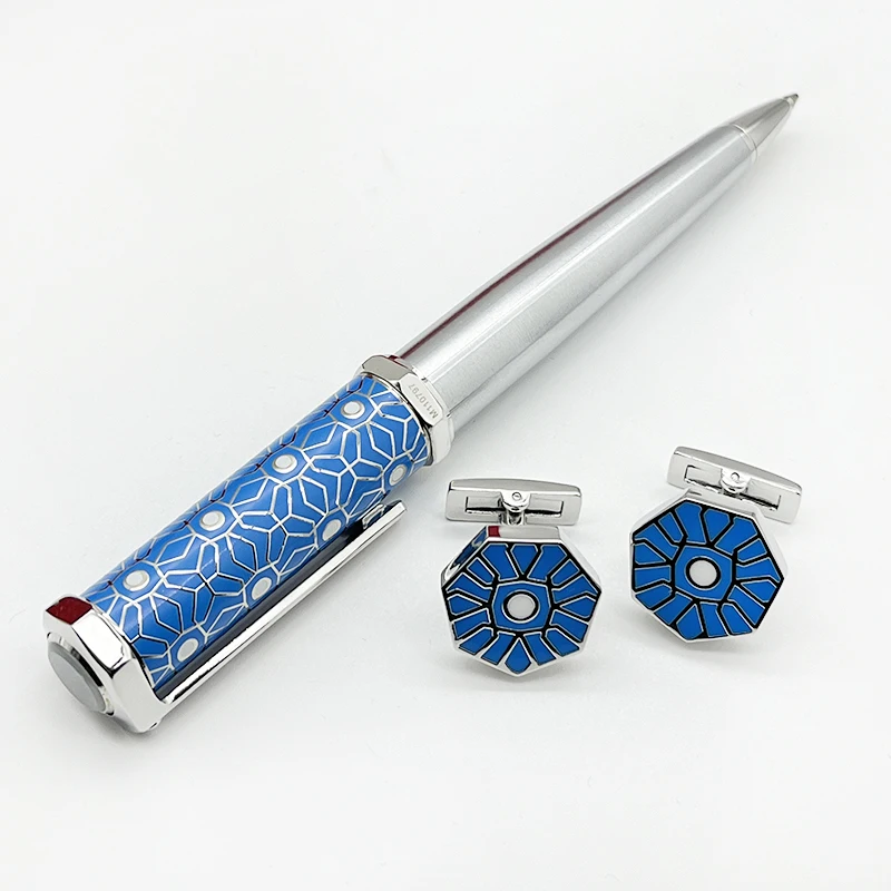 YAMALANG Luxury CT Pen And Cufflinks Santos-Dumont De Blue Barrel Snow Flower Pattern Metal Ballpoint With Serial Number