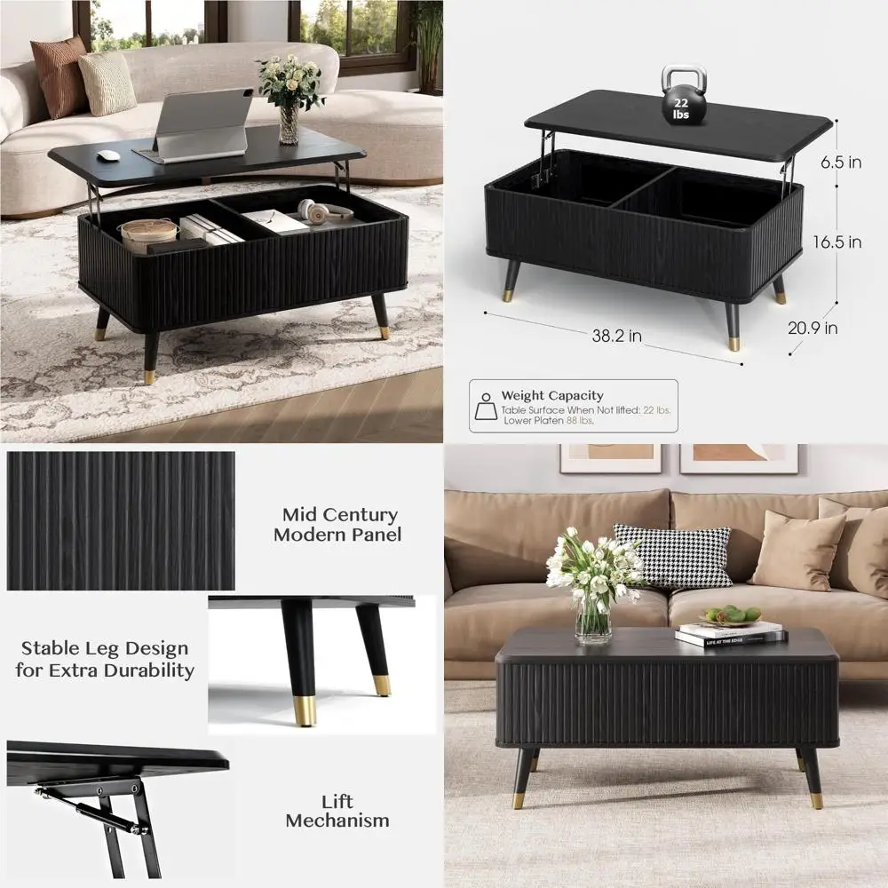 

Mid-Century Modern Lift Top Coffee Table with Hidden Storage, Fluted Design for Living Room