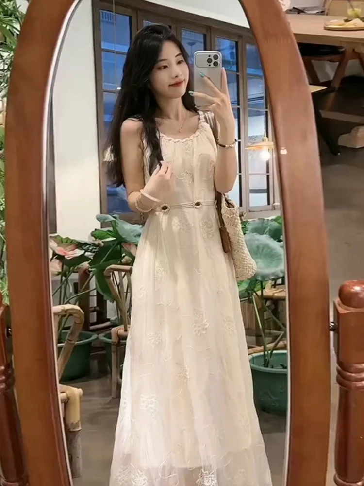 Embroidered Floral Lace ter Dr Women's Summer Spring Sweet Sle High Waist Beach Vaion Long Skirt Tea Break Dr