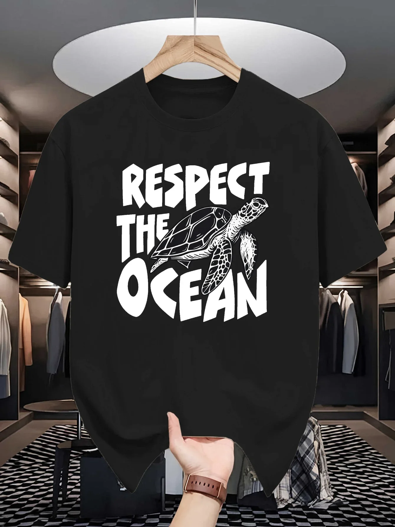 Men's Retro White round Neck T-Shirt Eco-Friendly Cotton Tee Hand Drawn Sea Turtle Print 'Respect the Ocean' Slogan Casual Top