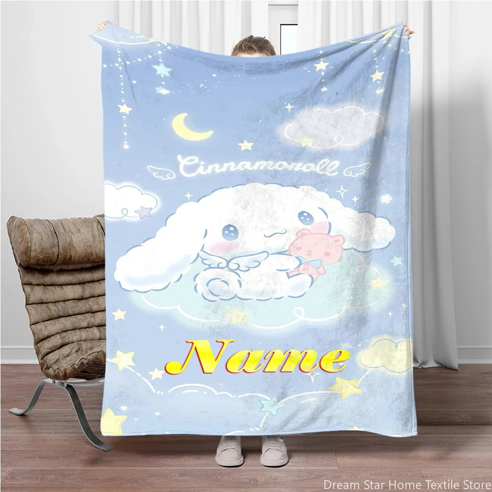 Nome personalizado cobertor personalizado sanrio crianças cobertor macio fofo cinnamoroll dos desenhos animados quente lance colcha cobertor para sofá quarto
