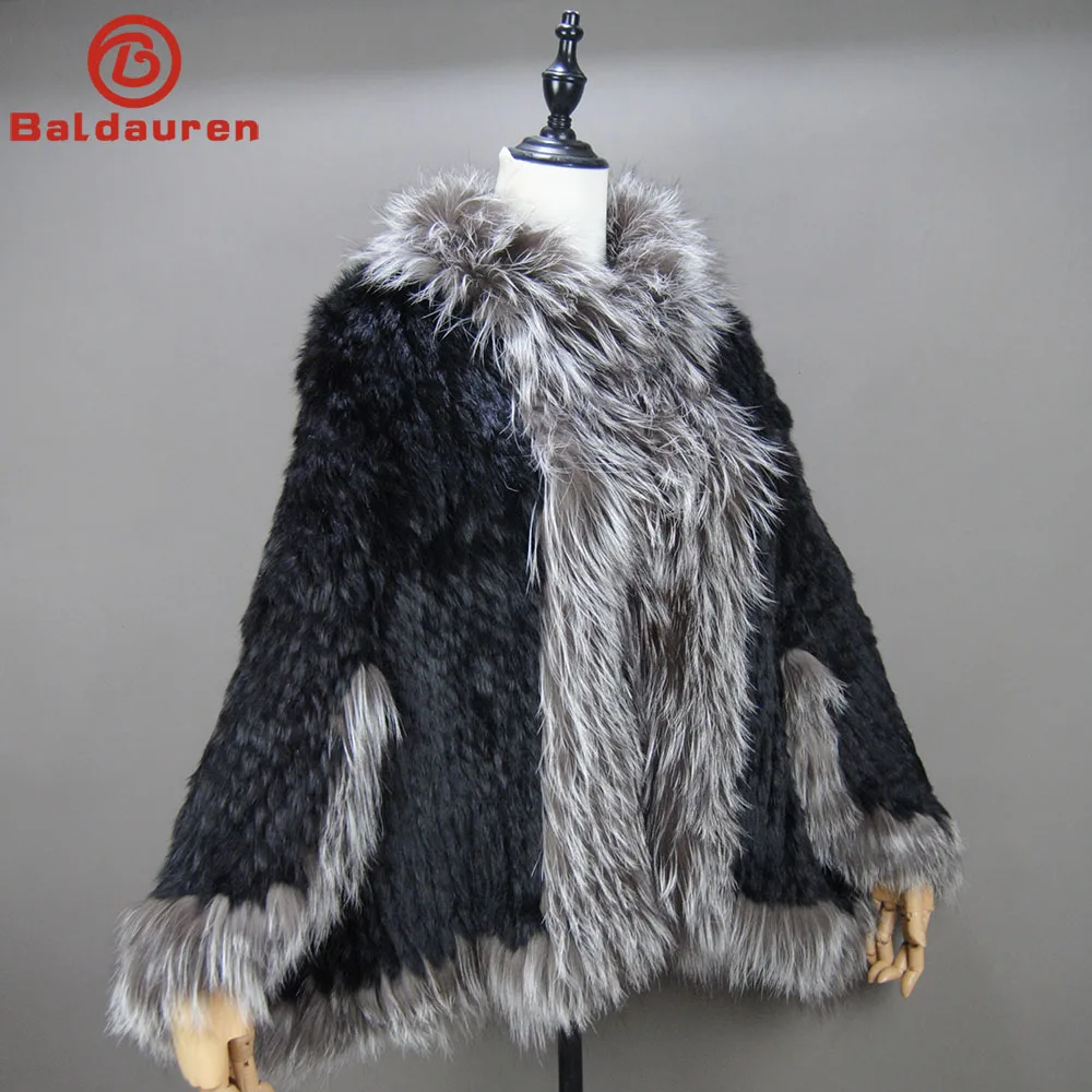 

Новый стиль, настоящая натуральная вязаная шаль из кроличьего меха, пальто с воротником из лисьего меха, женская модная вязаная куртка, накидка